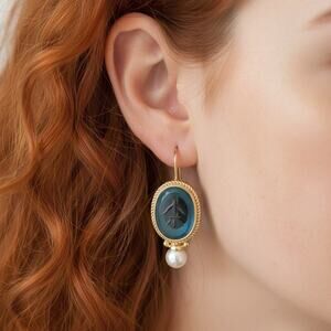 Museum Intaglio Earrings Blue Pearl Gold Aqua Flower Geometric Palace Court VTG